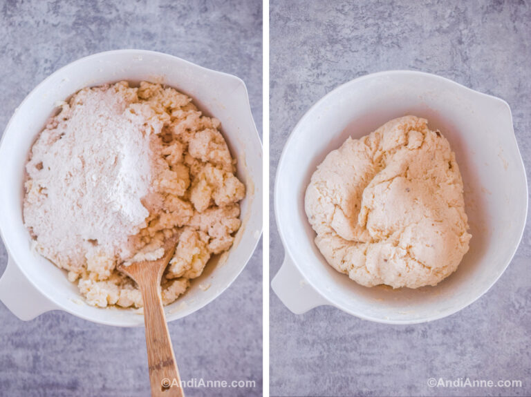 Two images. First is dough and flour in a white bowl and wood spatula. Second is dough in a white bowl.