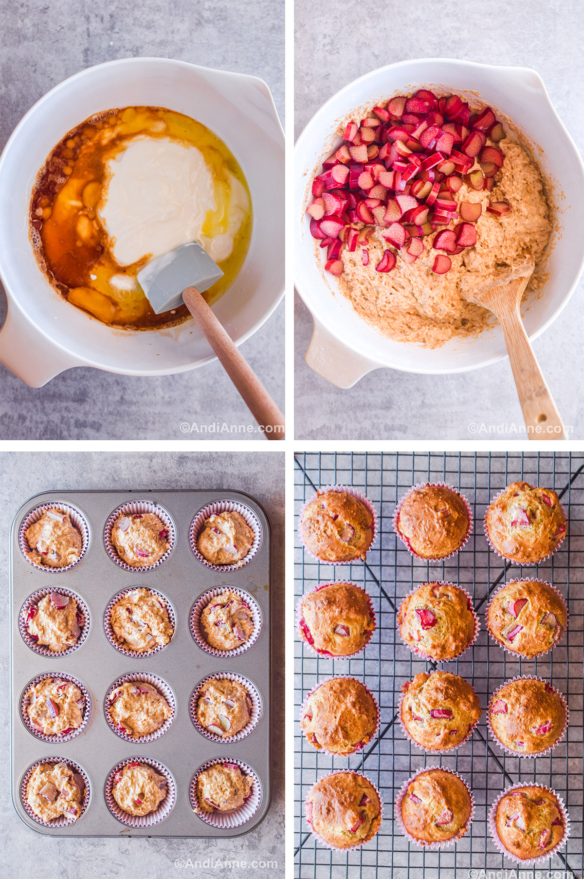Four images showing steps to make recipe including mixing bowls with unmixed ingredients and a spoon, uncooked muffins in paper liners in muffin pan, and baked muffins on a wire rack.