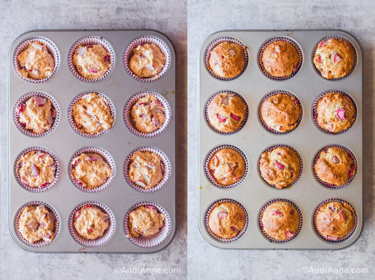 Two images of muffin pan, first with muffin batter and second with baked muffins.