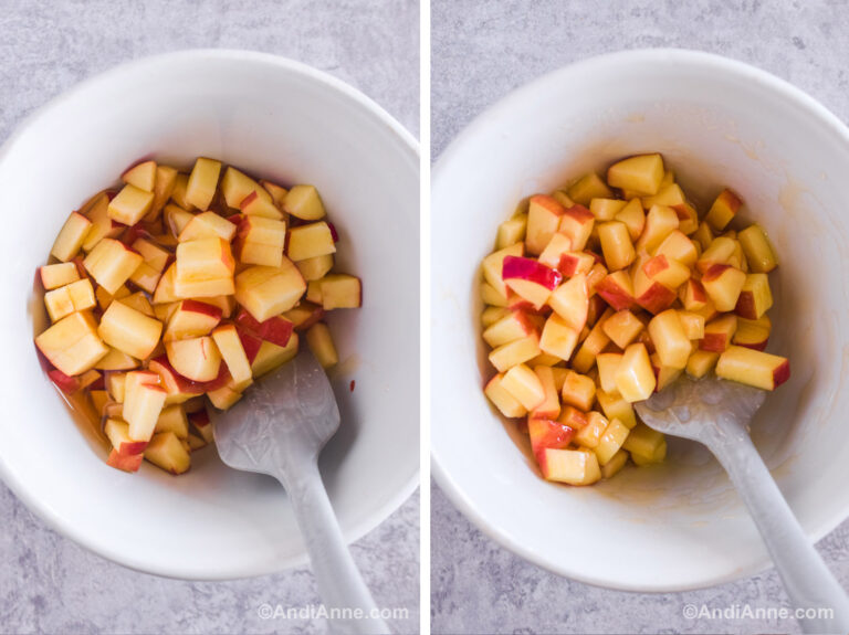 Two images of chopped apples in a white bowl with a spatula.