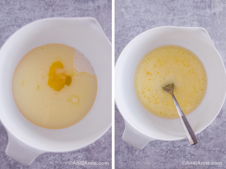 Two images of a white bowl with liquid ingredients inside.