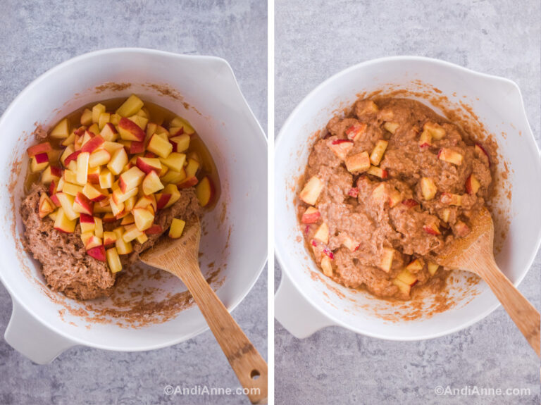 Two images of a white bowl. First has chopped apples dumped on top of batter with a spatula. Second is batter and chopped apples mixed together and a wood spatula.