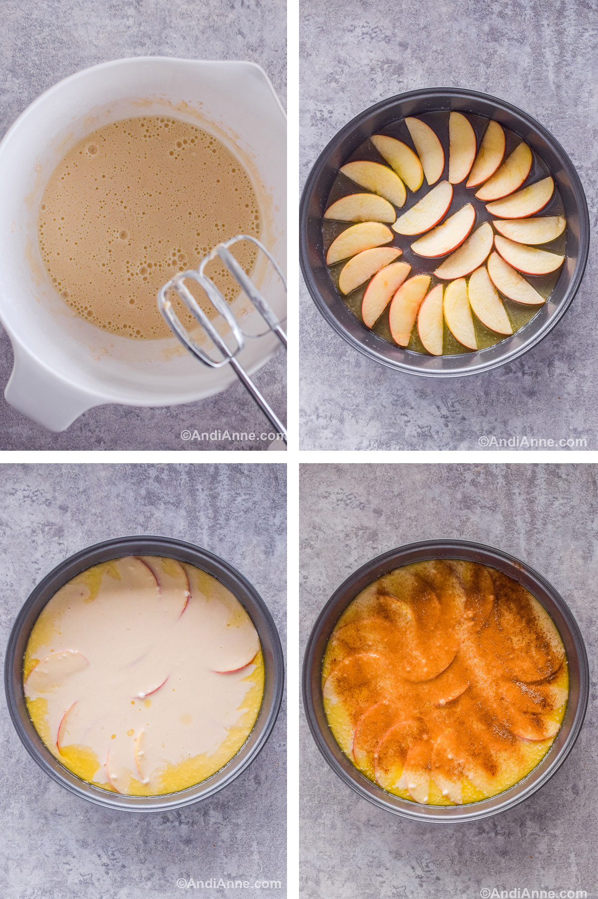 Four images showing steps to make the recipe including a white bowl with batter and a hand mixer. A grey cake pan with slices of apple arranged in the bottom. Third is batter poured overtop of apples in cake pan. Fourth is cinnamon sugar sprinkled overtop of batter in cake pan.