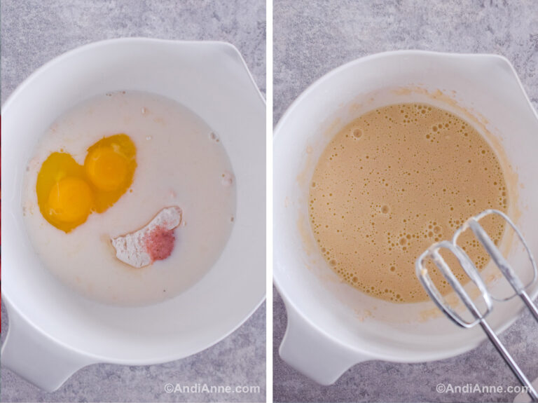 Two images of a white bowl. First has eggs, flour, milk and salt. Second is all ingredients mixed together using an electric hand mixer.