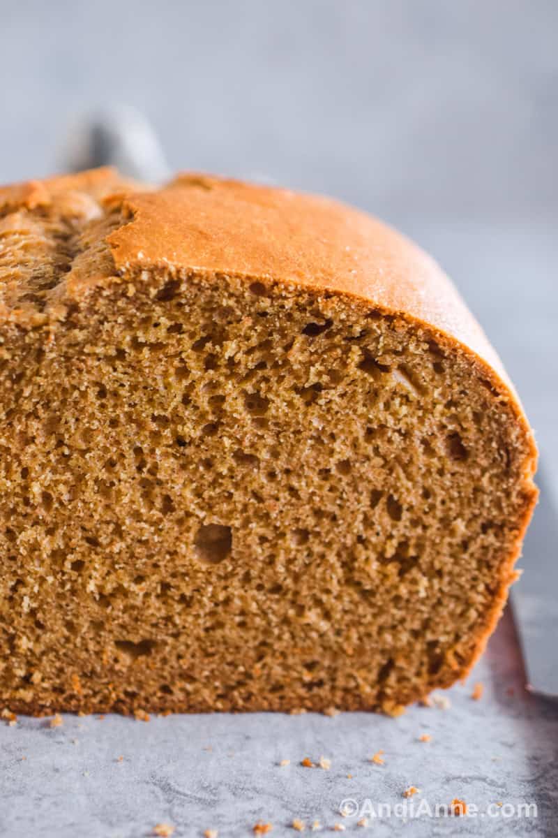 A close up of the inside of the bread loaf.