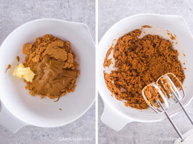 Two images of a white bowl: first with peanut butter, brown sugar and butter. Second with ingredients mixed together and a hand mixer.