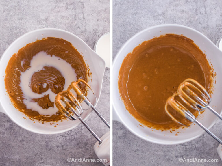 Two images of a white bowl. First is brown batter with milk poured on top and hand mixer. Second is brown batter mixed together with a hand mixer.