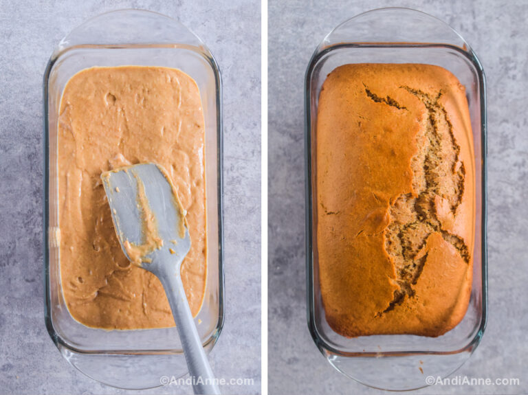 Two images of a glass loaf pan. First is wet batter inside with a spatula on top. Second is baked peanut butter bread.
