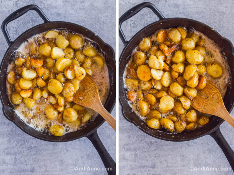 Two images of a black skillet with sliced baby potatoes in bubbling oil and butter at various stages of cooking.