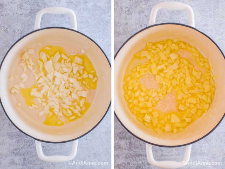 Two images of a white pot. First with chopped onion and oil. Second is cooked onions in the pot.