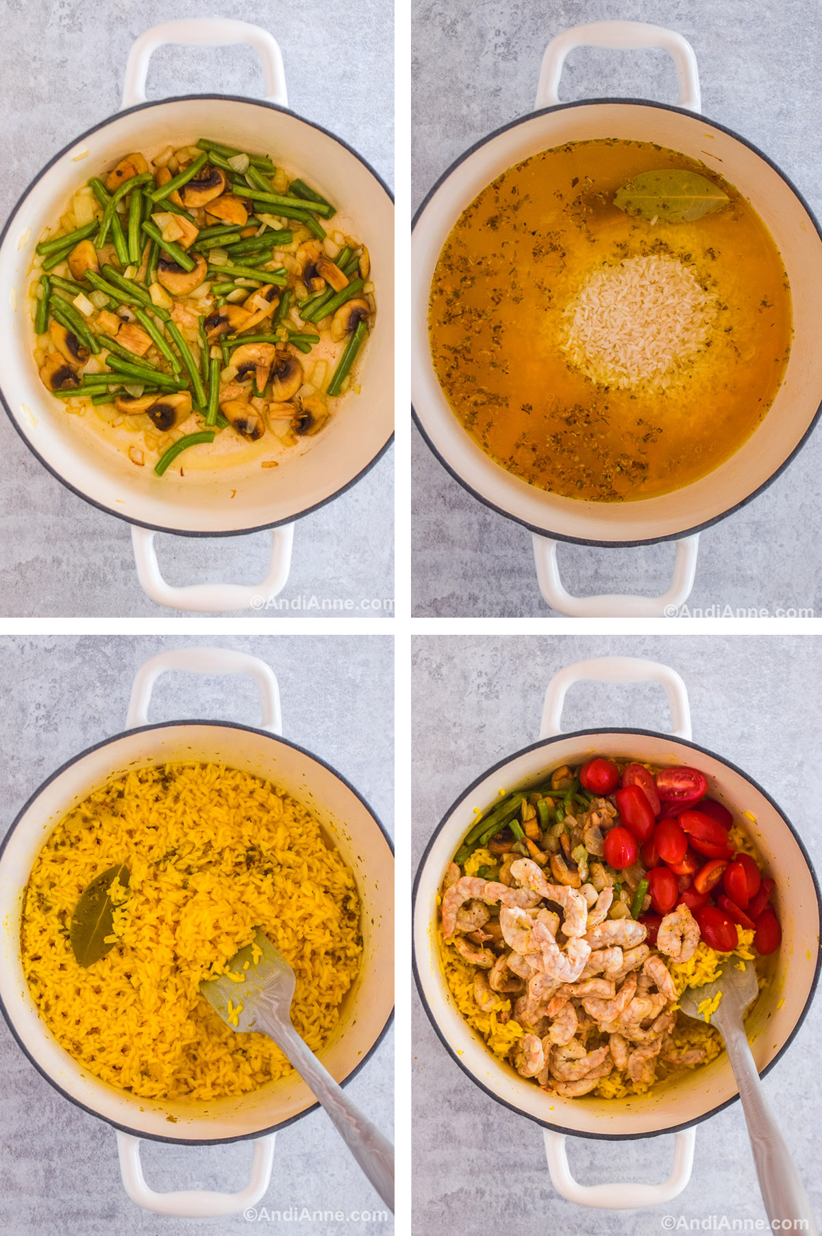 Four images grouped together. First is the white pot with chopped onion, mushrooms and green beans. Second is yellow liquid, spices, a bay leaf and uncooked rice in the pot. Third is cooked yellow rice with spices and bay leaf. Fourth is raw shrimp, tomatoes and green beans on top of the rice in the white pot.