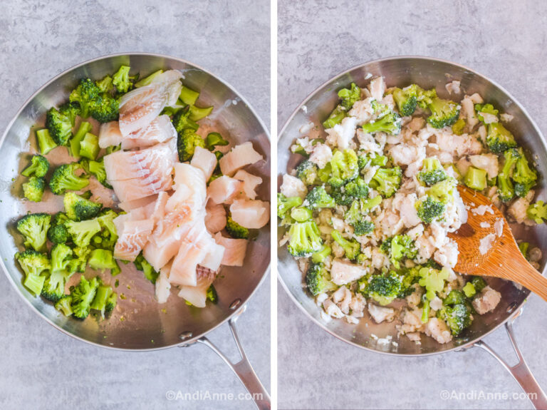 Two images of a frying pan. First with broccoli pieces and raw chunks of fish. Second is cooked broccoli and cooked fish pieces.