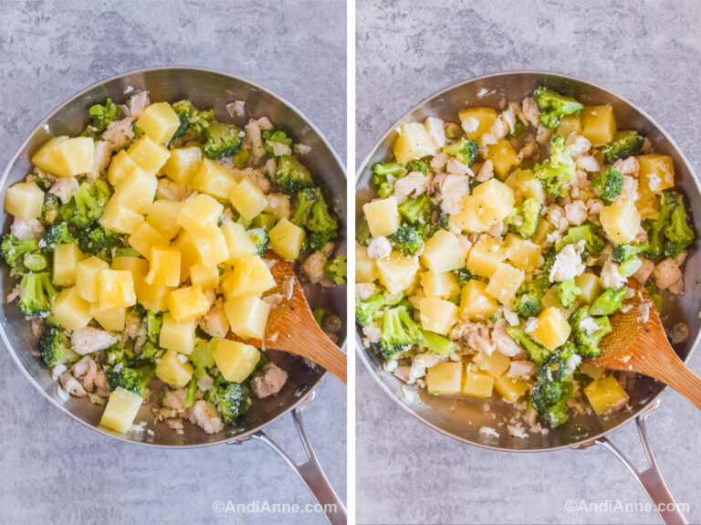 Two images of a frying pan. First is pineapple, broccoli and fish. Second is ingredients mixed together evenly.