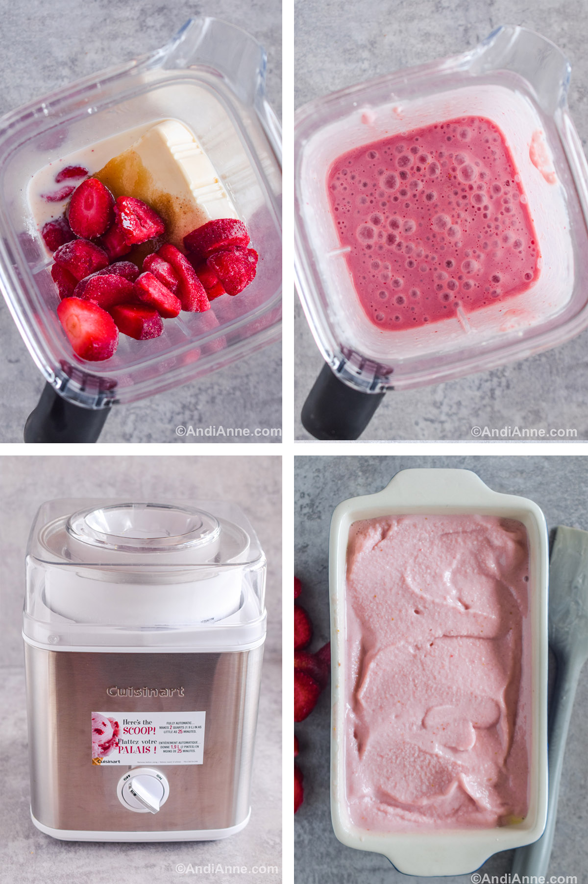 Four images showing steps to make the recipe. First and second are looking into a blender cup, first with frozen strawberries, tofu, sugar, and milk inside. Second is blended pink liquid. Third is a cuisinart ice cream maker. Fourth is a white rectangular ceramic dish with pink soft ice cream poured inside.