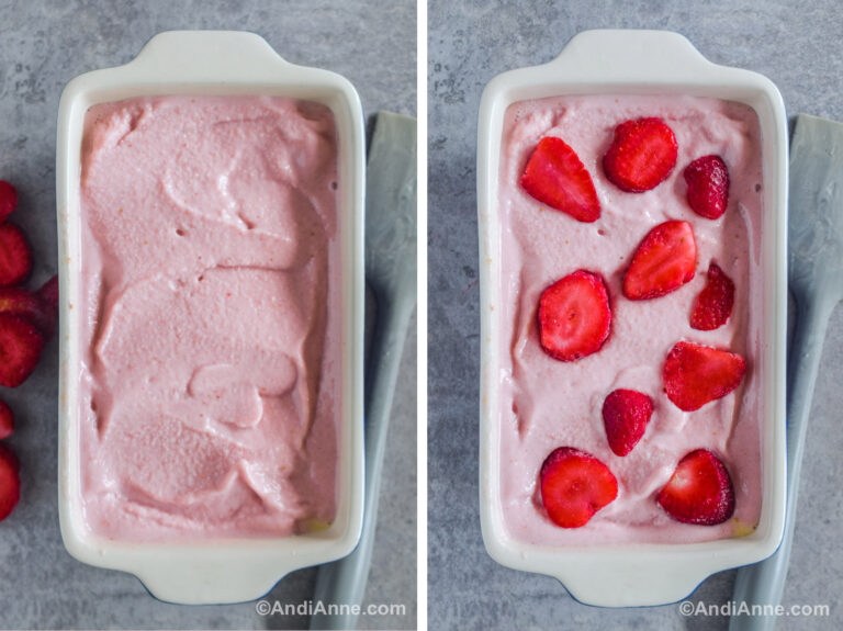 Two images together. First is a white square dish with pink ice cream inside. Second is sliced strawberries arranged overtop of ice cream.
