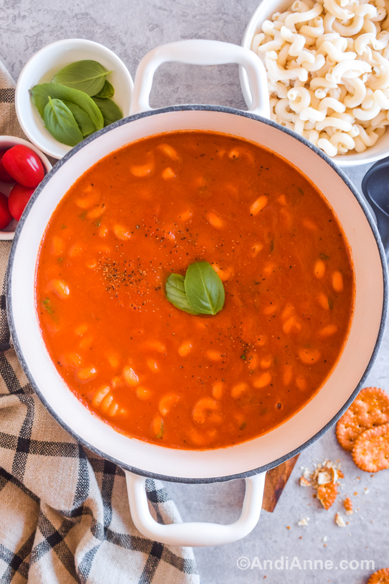 a white pot with tomato pasta soup and fresh basil leaves in the center. Bowls of pasta noodles, basil leaves and grape tomatoes surround the pot.
