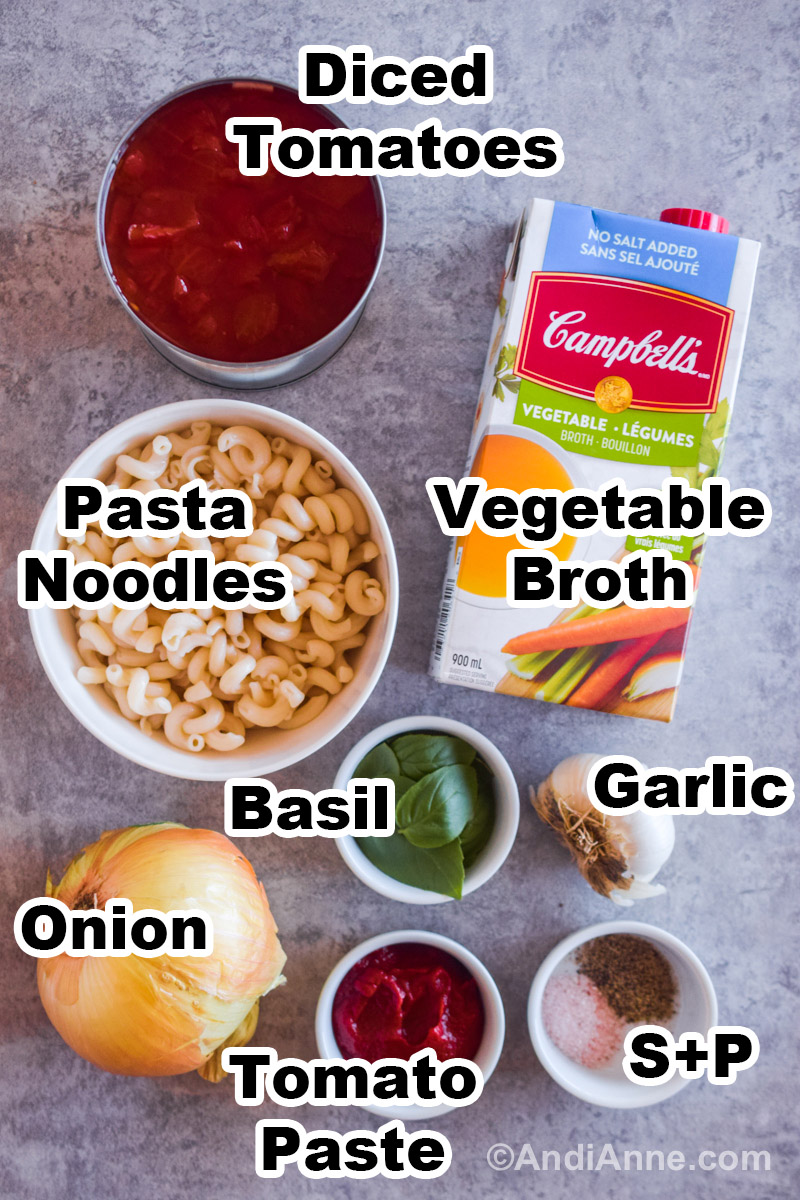 Recipe ingredients on a counter including a carton of vegetable broth, bowl of pasta noodles, can of diced tomatoes, yellow onion, garlic clove, fresh basil leave, tomato paste, salt and pepper.