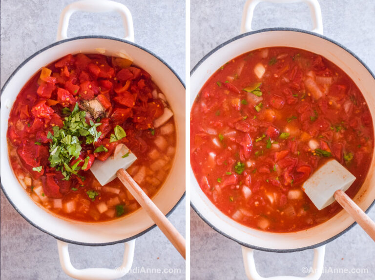 Two images of a white pot: first is ingredients dumped in. Second is ingredients mixed together.