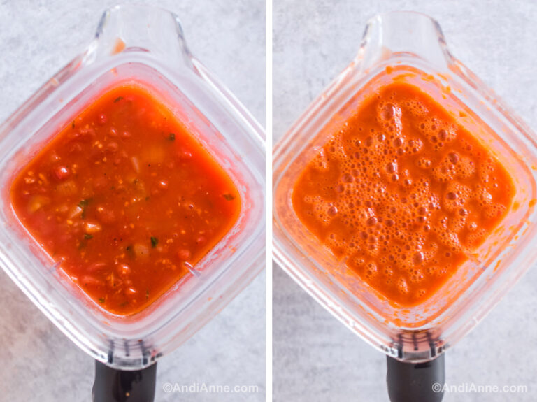 Two images looking down into a blender. First is soup ingredients before blending. Second image is ingredients after blending.