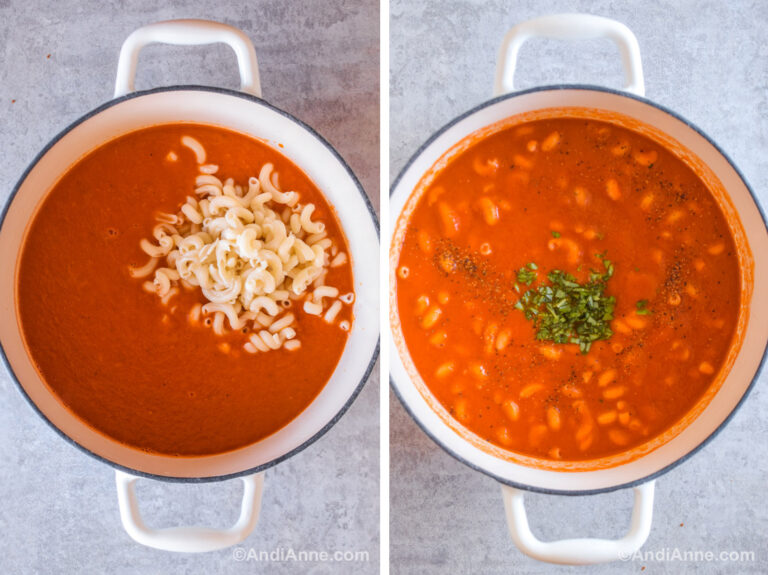 Two images of a white pot: First is pureed tomato soup with pasta dumped in. Second is tomato pasta soup with chopped basil dumped in.