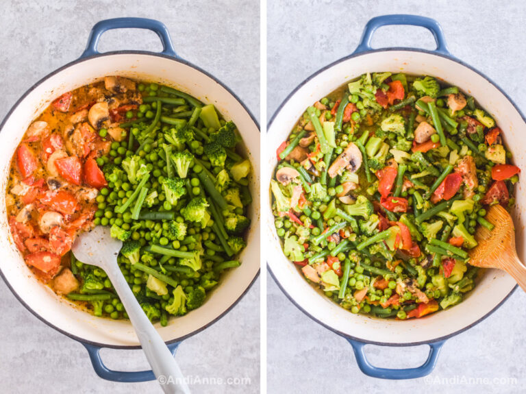 Two images of a white pot. Firs is divided green vegetables and tomato mushroom mixture. Second is all cooked vegetables mixed together.