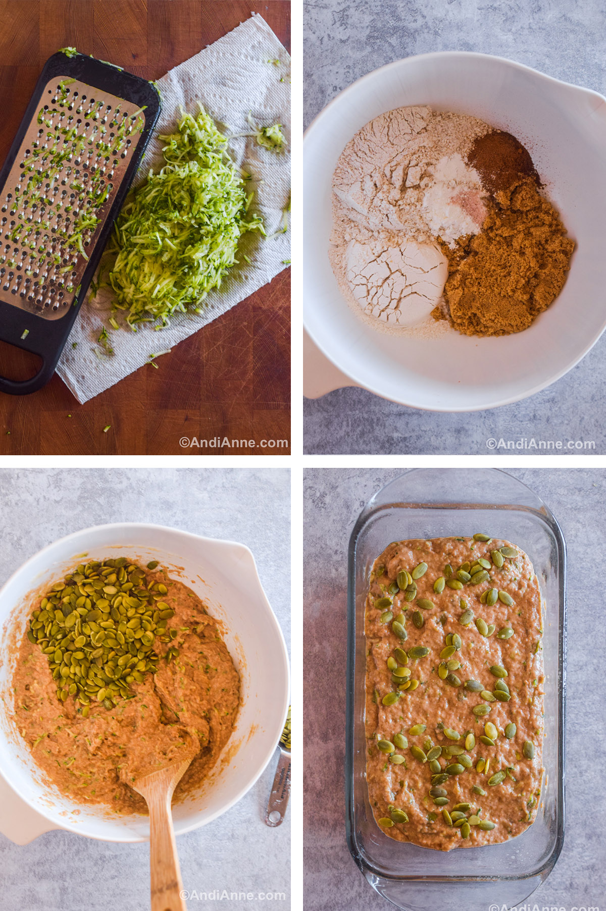 Four images showing steps to make recipe. First is grated zucchini with a cheese grater. Second is a white bowl with flours and sugar dumped in unmixed. Third is wet batter with pumpkin seeds dumped on top. Fourth is wet batter in a loaf pan with pumpkin seeds sprinkled on top.