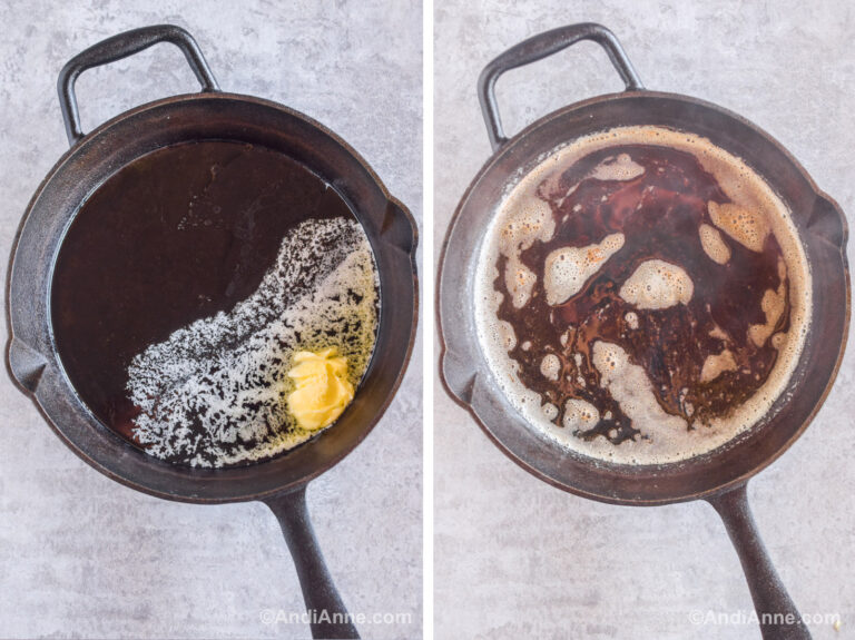 Two images of a black cast iron pan. First has oil and butter dumped in. Second image has oil and butter heated and melted in pan.