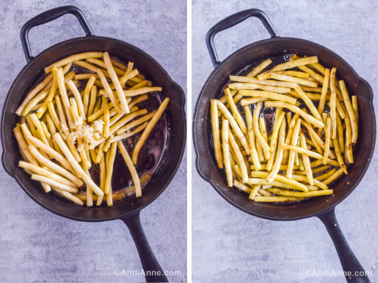 Two images of a cast iron skillet. First has raw yellow beans and garlic. Second has cooked yellow beans with golden edges mixed with minced garlic.