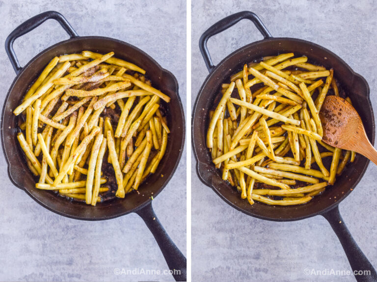 Two images of a black cast iron skillet. First has cooked yellow beans with salt and pepper sprinkled overtop. Second is sauteed yellow beans with seasonings mixed in.