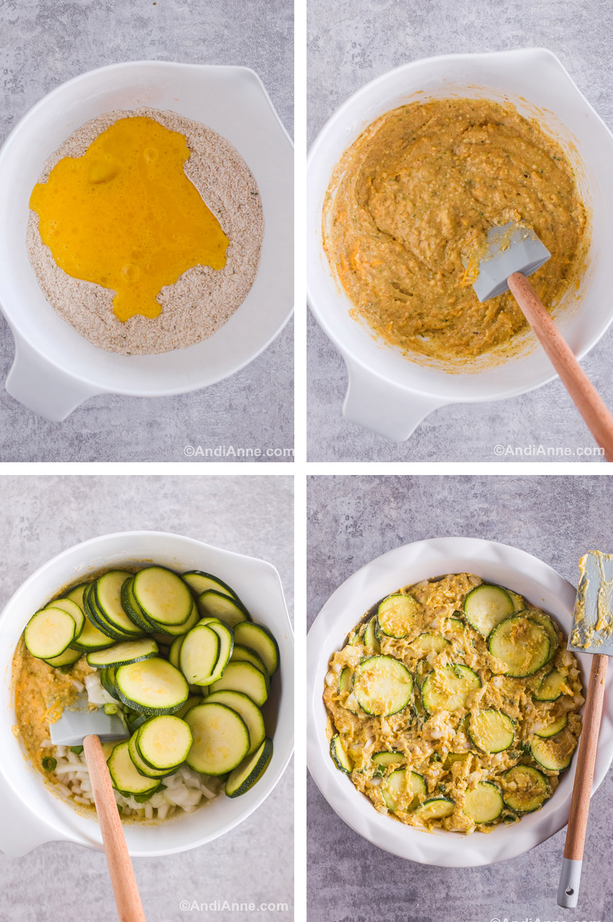 Four images with a white bowl showing steps to make the recipe including dry ingredients with wet ingredients dumped on top. Second is wet batter in a white bowl with a spatula. Third is sliced zucchini on top of the batter with spatula. Fourth is zucchini pie ingredients poured into the pie plate and smoothed with a spatula beside the plate.