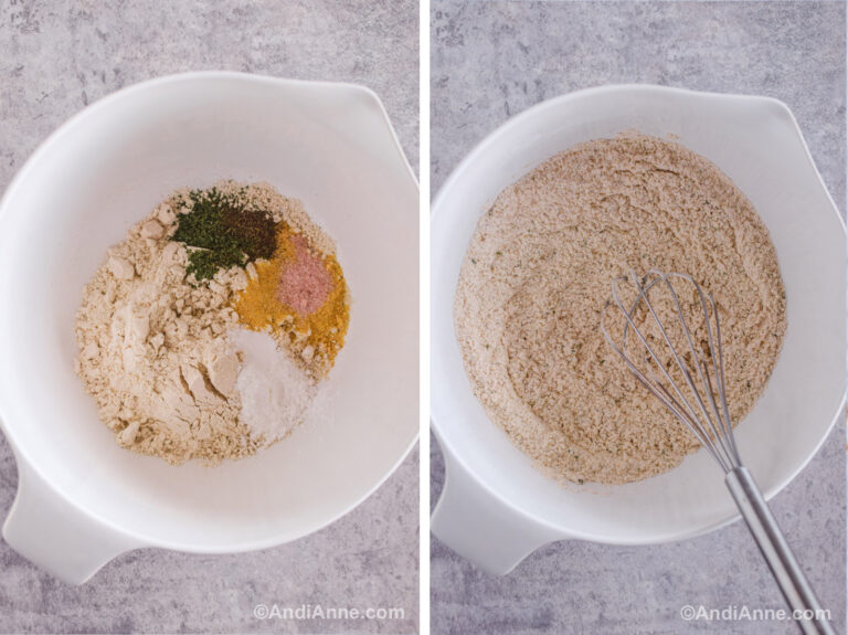 Two images of a white mixing bowl. First has flour and spices dumped in. Second has dry ingredients mixed together with a whisk.