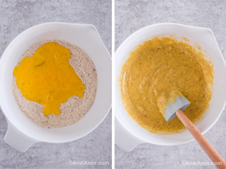 Two images of a white bowl. First has dry ingredients with wet ingredients poured overtop. Second is a batter with a spatula.