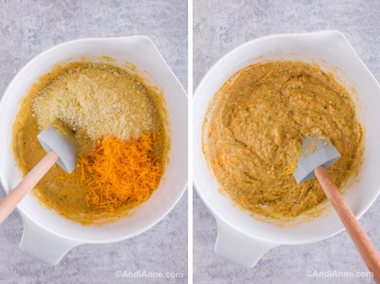 Two images of a white bowl. First has batter with cheeses dumped on top. Second is batter mixed together and a spatula.