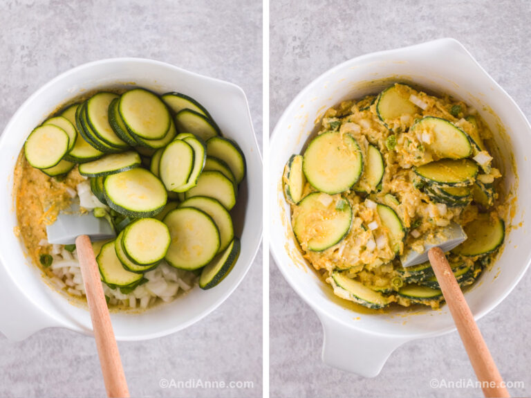 Two images of a white bowl. First has slices of zucchini dumped on top of the batter and a spatula. Second has zucchini slices mixed with batter and spatula inside.