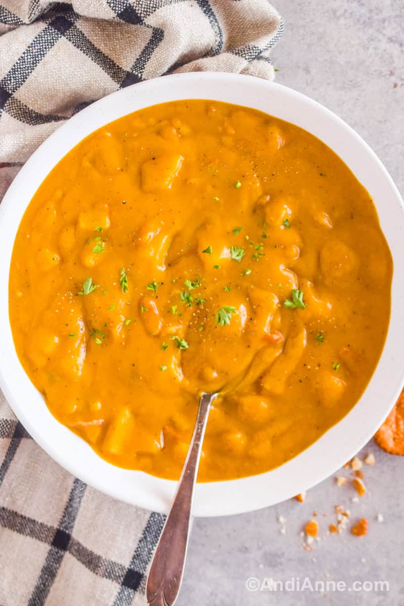 Looking down at a bowl of bacon squash soup with parsley sprinkled on top.