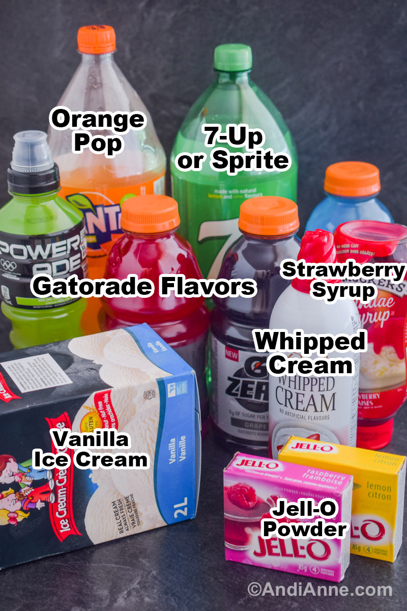 Various ingredients to make halloween drinks including a litre of fanta pop, 7-Up pop, four different gatorade flavors, a carton of vanilla ice cream, canned whipped cream and jello.