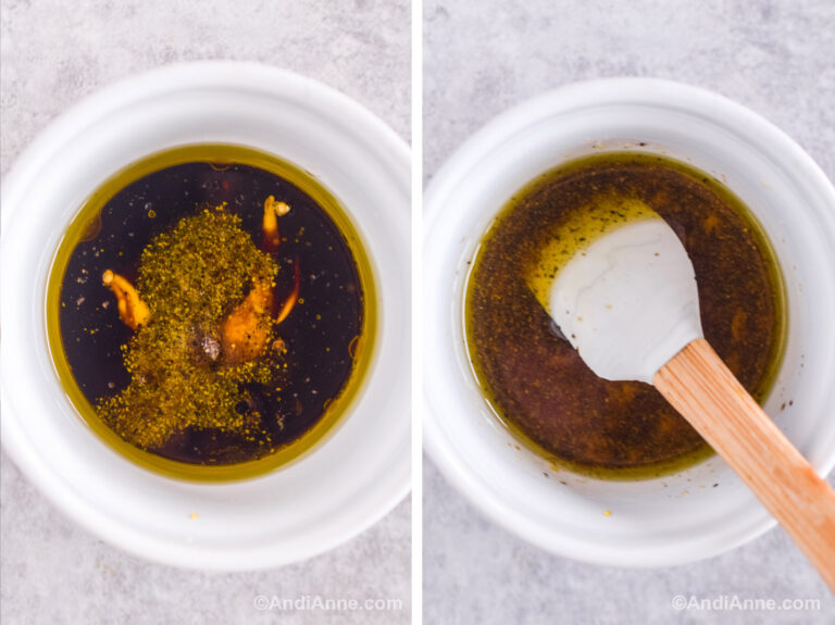 Two images together. First is a white bowl with oils and spices dumped in. Second is a brown salad dressing mixed together with a small spatula.