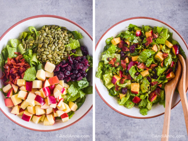 Two images of a large salad bowl. First with salad ingredients divided on top of romaine lettuce. Second is fall apple salad mixed together in the bowl with salad spoons.