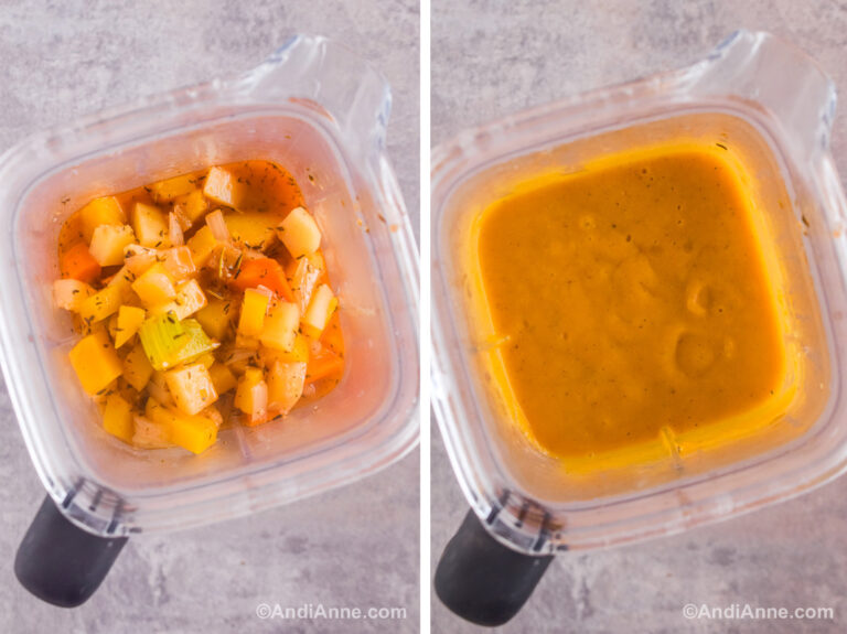 Two images. Looking down into a blender, first with cooked chopped vegetables. Second is orange pureed soup.