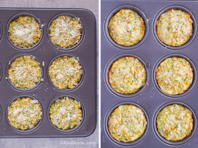 Two images of a muffin pan. First with raw quinoa parmesan bites batter inside. Second with cooked quinoa parmesan bites.
