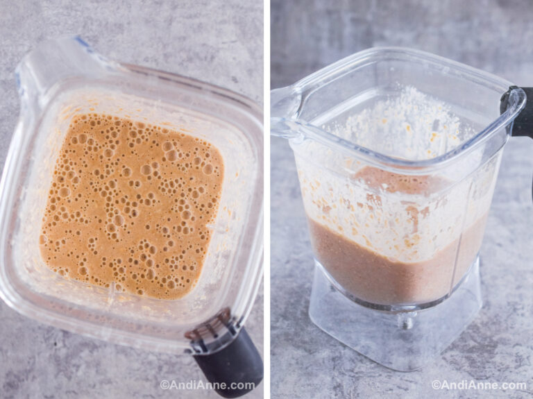 Two images of a blender cup with oatmeal banana pancake batter inside.