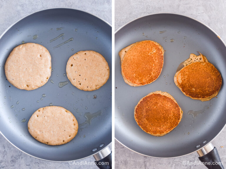 Two images of a frying pan. First with raw batter poured into round pancake shapes. Second with cooked pancakes in pan.