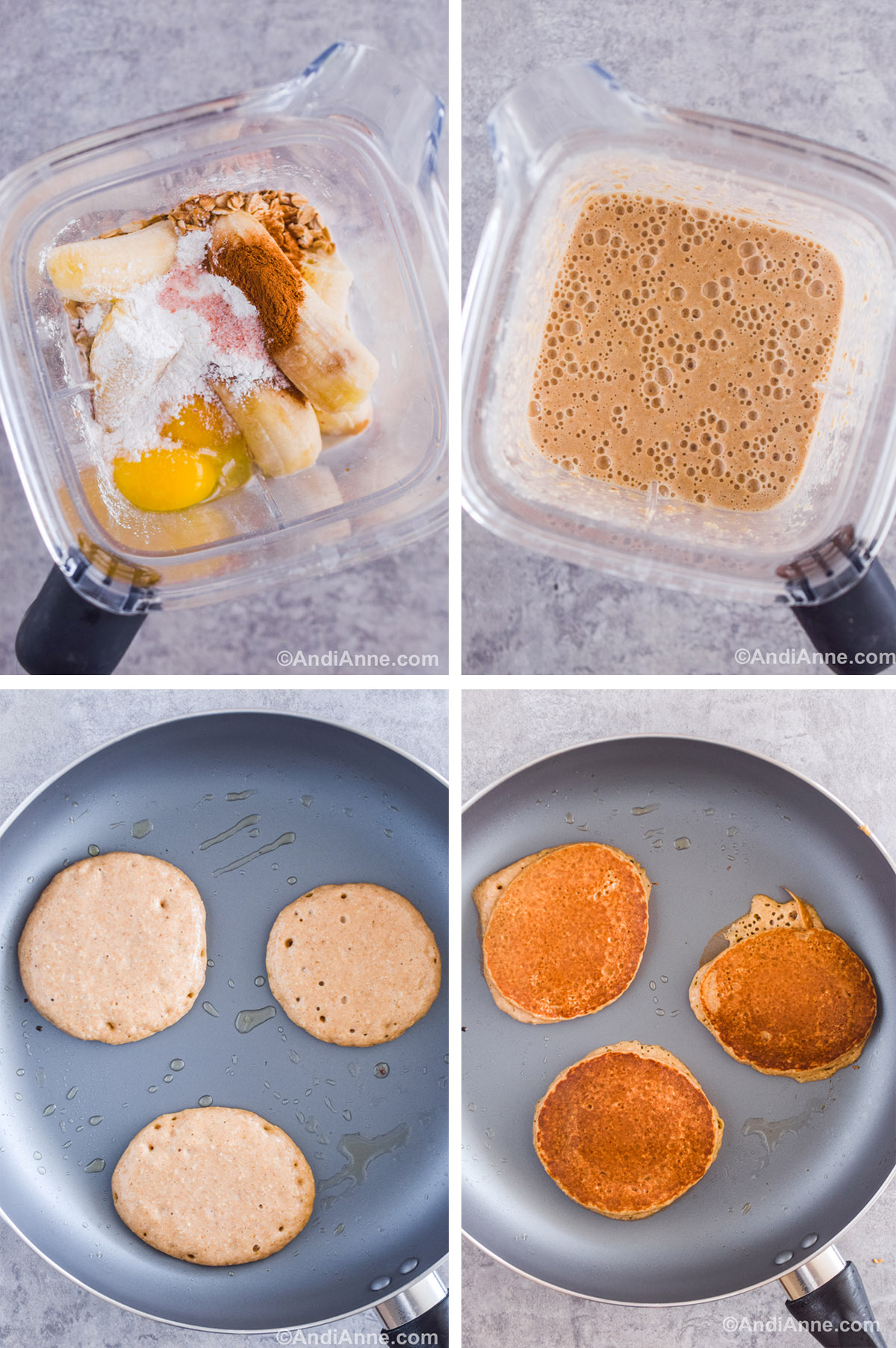 Four images showing steps to make the recipe. First is a blender cup with ingredients dumped in. Second is blender cup with pancake batter. Third is three pancakes cooking in the frying pan. Fourth is cooked pancakes in the frying pan. 