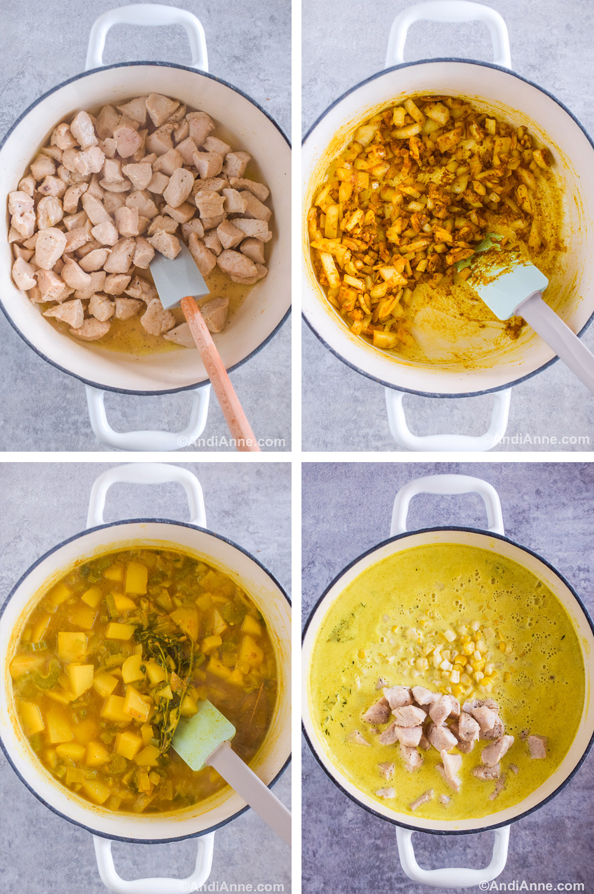 Four images showing steps to make the recipe. First is chopped cooked chicken in a large pot. Second is cooked onion and garlic mixed with curry powder. Potatoes, celery and sprigs of thyme in a yellow broth. Fourth is a pot with creamy yellow soup with corn and chicken added.