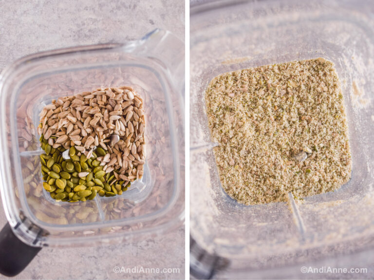 Two images. First is pumpkin seeds and sunflower seeds in a blender. Second is seeds ground into a flour in blender.