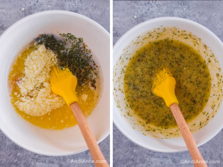 Two images of a white bowl. First with melted butter, parmesan and herbs. Second with ingredients mixed together.