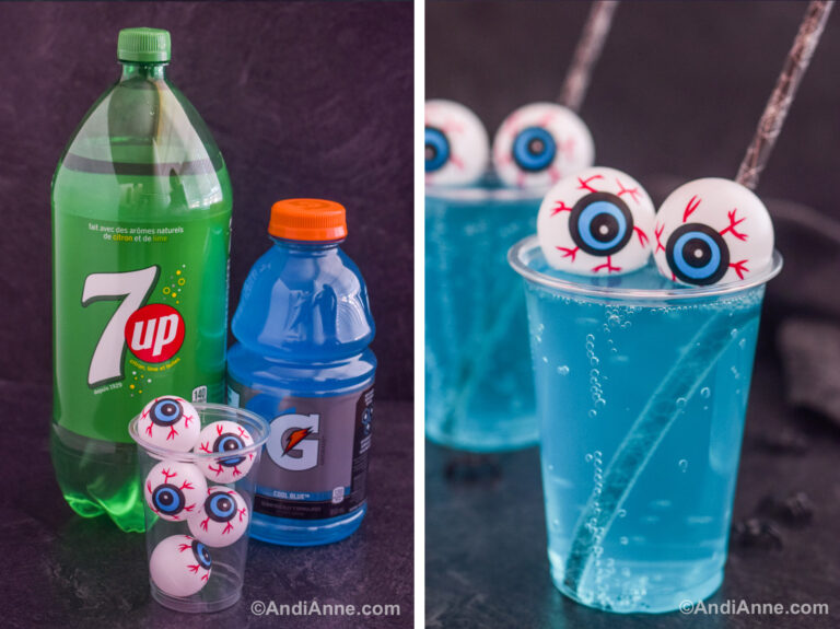Two images together. First is ingredients to make the drink, Second is two cups of blue monster drink with ping pong eyeballs and black straws.
