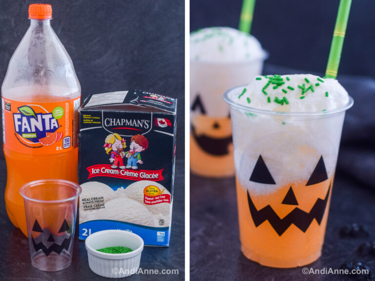 Two images together. First is ingredients to make the drink. Second is two jack-o-lantern float drinks with green straws.