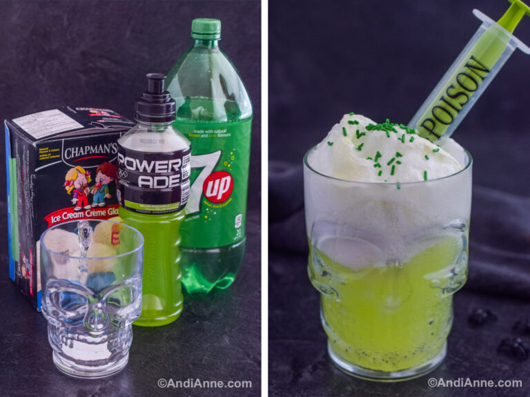 Two images together, First is ingredients to make the drink. Second is a skull glass with green skull potion drink and a toy syringe that says poison.
