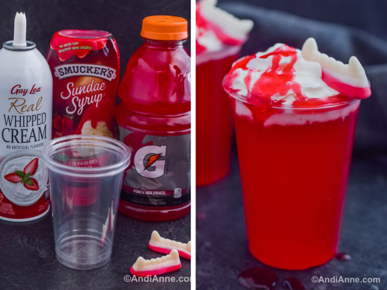 Two images together, first is ingredients to make the drink. Second is two vampire teeth drink recipes together.